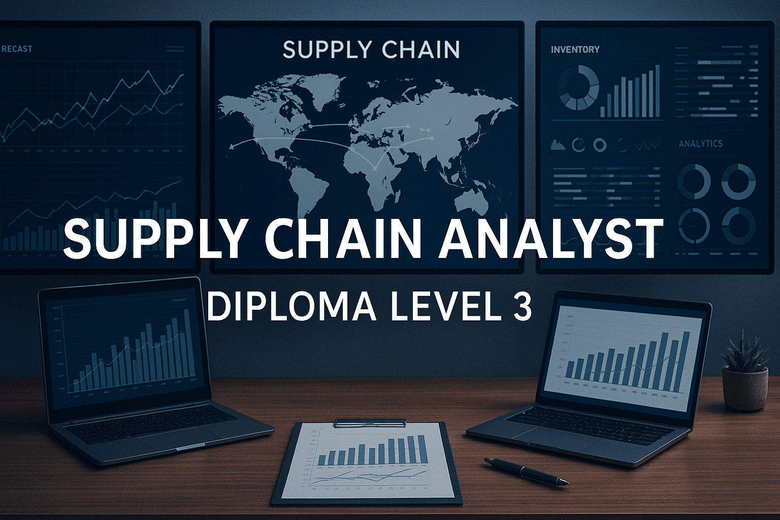 Modern supply chain workspace with analytics dashboards, logistics maps, data charts, and tools for a Supply Chain Analyst Diploma Level 3.
