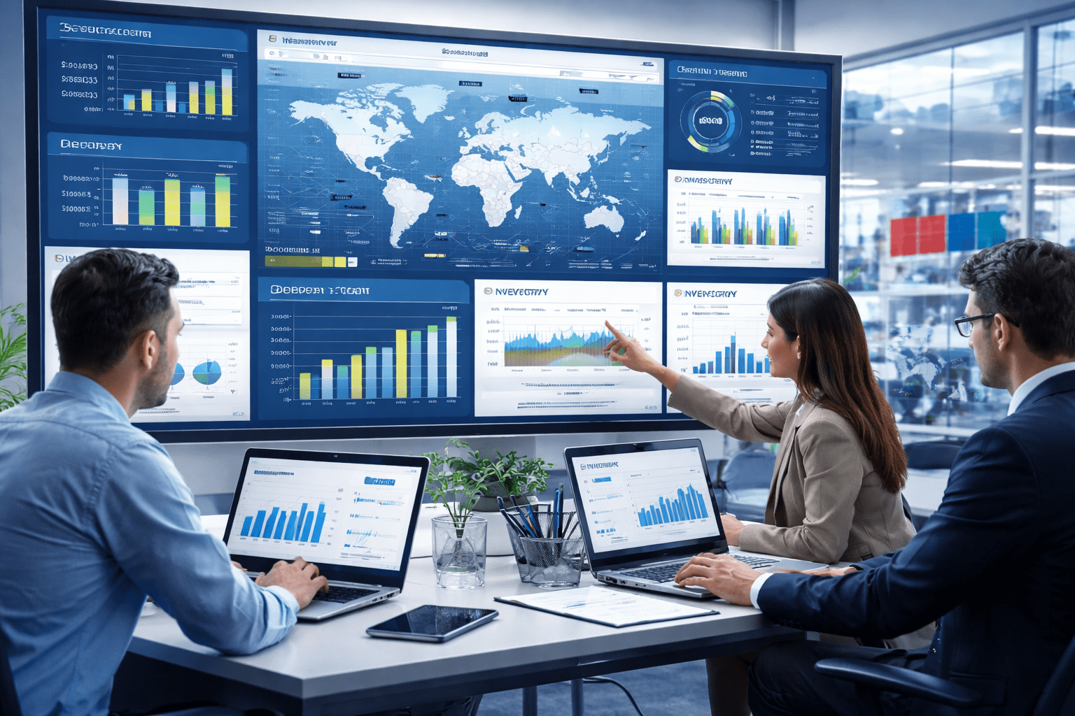 Supply chain analytics professionals analysing logistics data, dashboards and inventory forecasts in a modern operations office