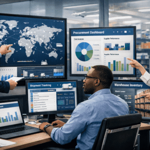 Supply chain management professionals planning logistics, procurement, warehousing, and inventory operations using digital dashboards