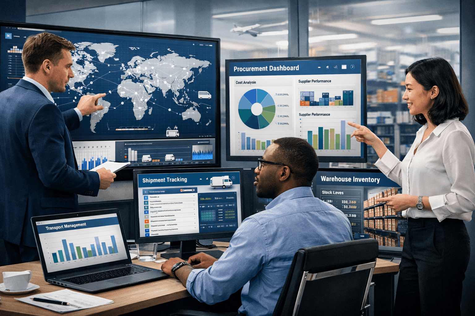 Supply chain management professionals planning logistics, procurement, warehousing, and inventory operations using digital dashboards