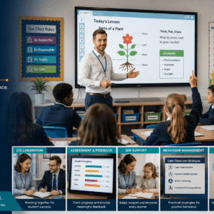 Professional educator delivering lessons in a Supply Teacher Course classroom environment with engaged students