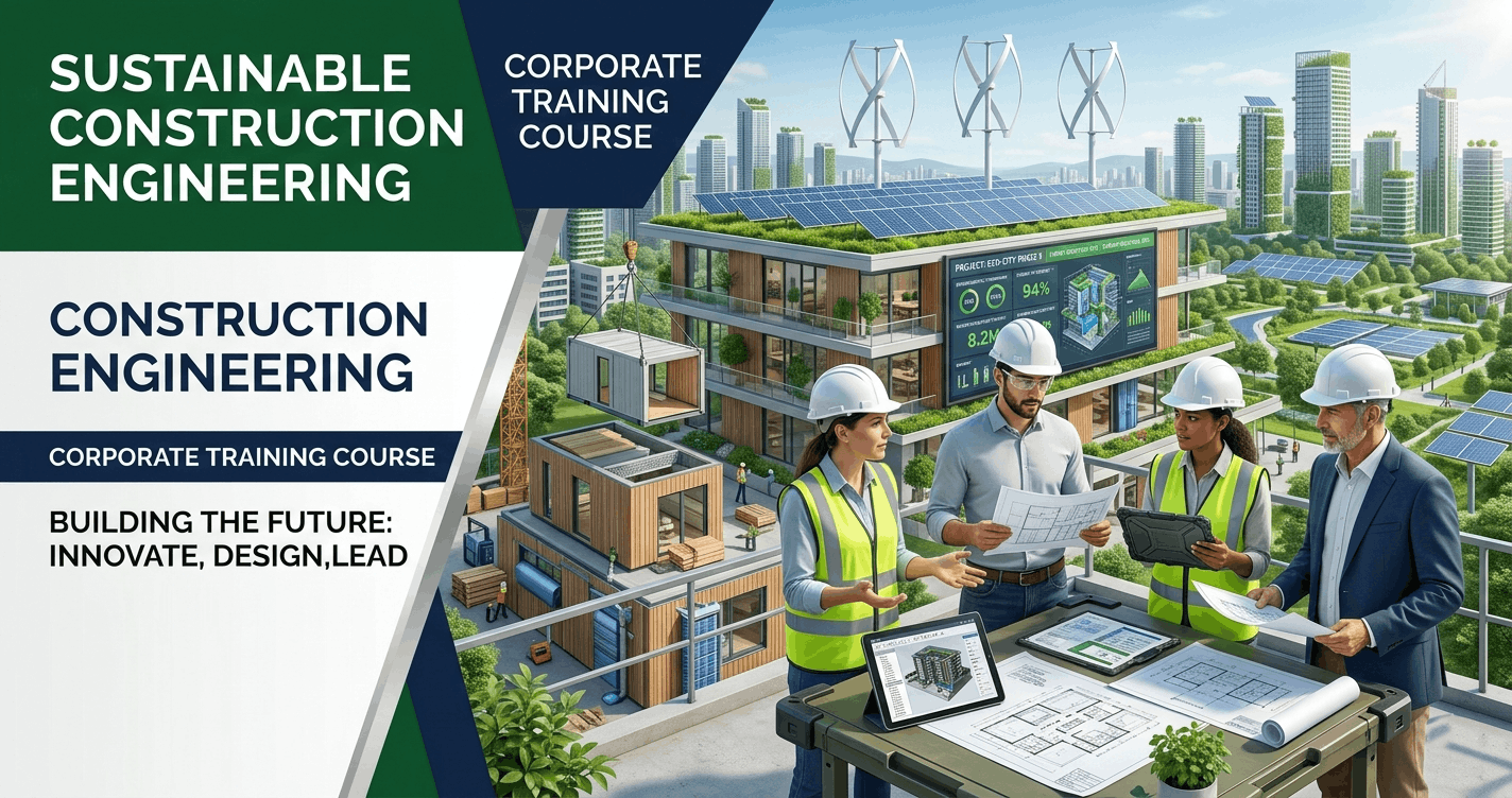 Sustainable Construction Engineering professionals designing eco-friendly buildings with green technologies