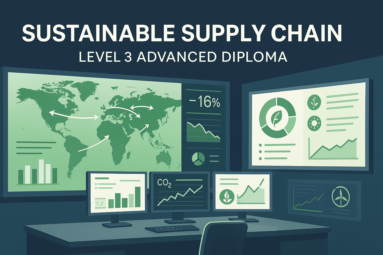 Eco-focused supply chain workspace showing logistics maps, sustainability icons, green transport visuals, and digital dashboards for Sustainable Supply Chain Diploma Level 3.