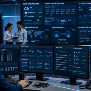 IT professional managing servers, cloud systems, and network security in a Systems Administrator Diploma environment