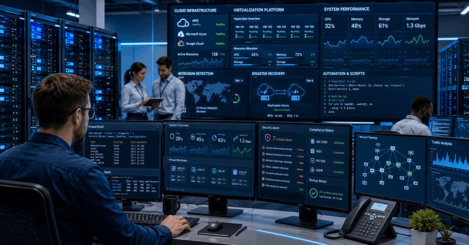 IT professional managing servers, cloud systems, and network security in a Systems Administrator Diploma environment