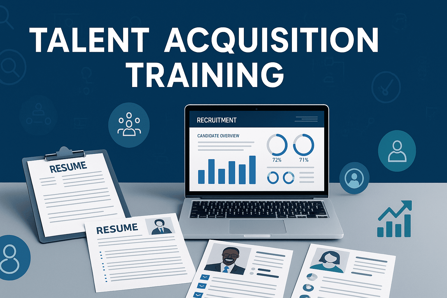 Professional banner featuring recruitment tools, resumes, digital sourcing icons, and HR visuals representing Talent Acquisition Training.