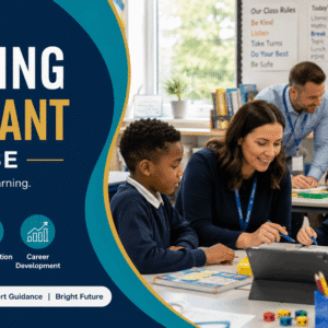 Teaching Assistant Course student supporting children in a modern classroom with teacher guidance