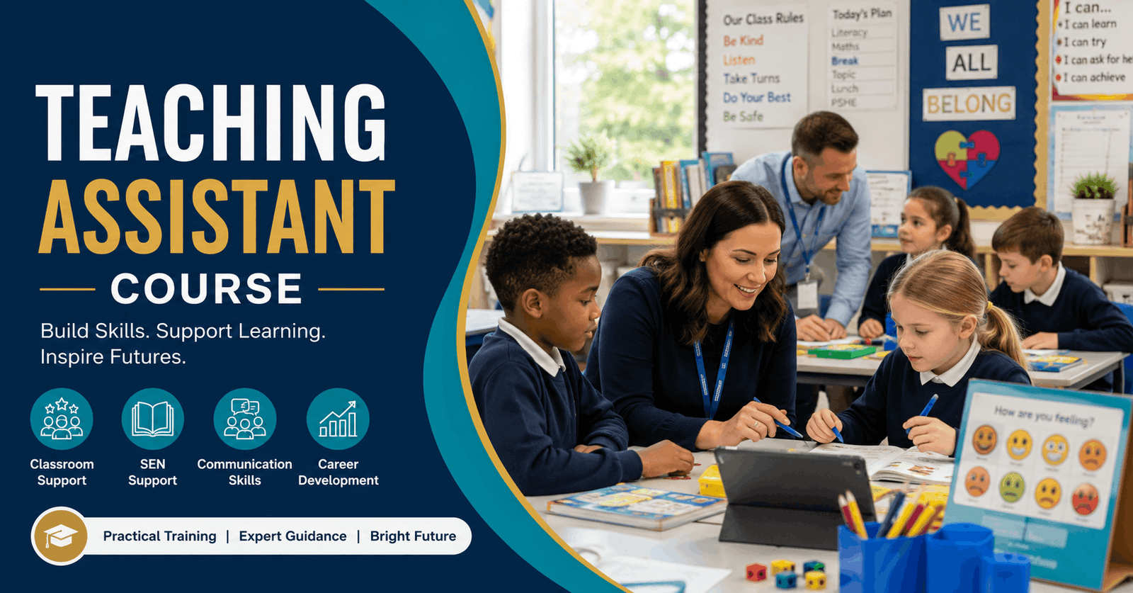 Teaching Assistant Course student supporting children in a modern classroom with teacher guidance