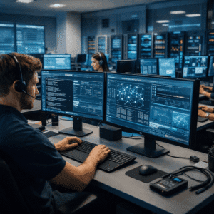 IT professionals diagnosing systems and networks in a Technical Support Diploma Level 3 training environment