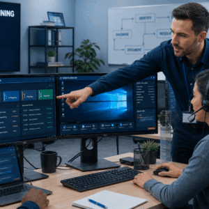 IT professional providing technical support training using helpdesk software and troubleshooting systems in modern office