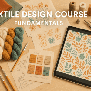 Textile Design Course banner showing fabrics, colour swatches, design sketches, threads and digital design tools.