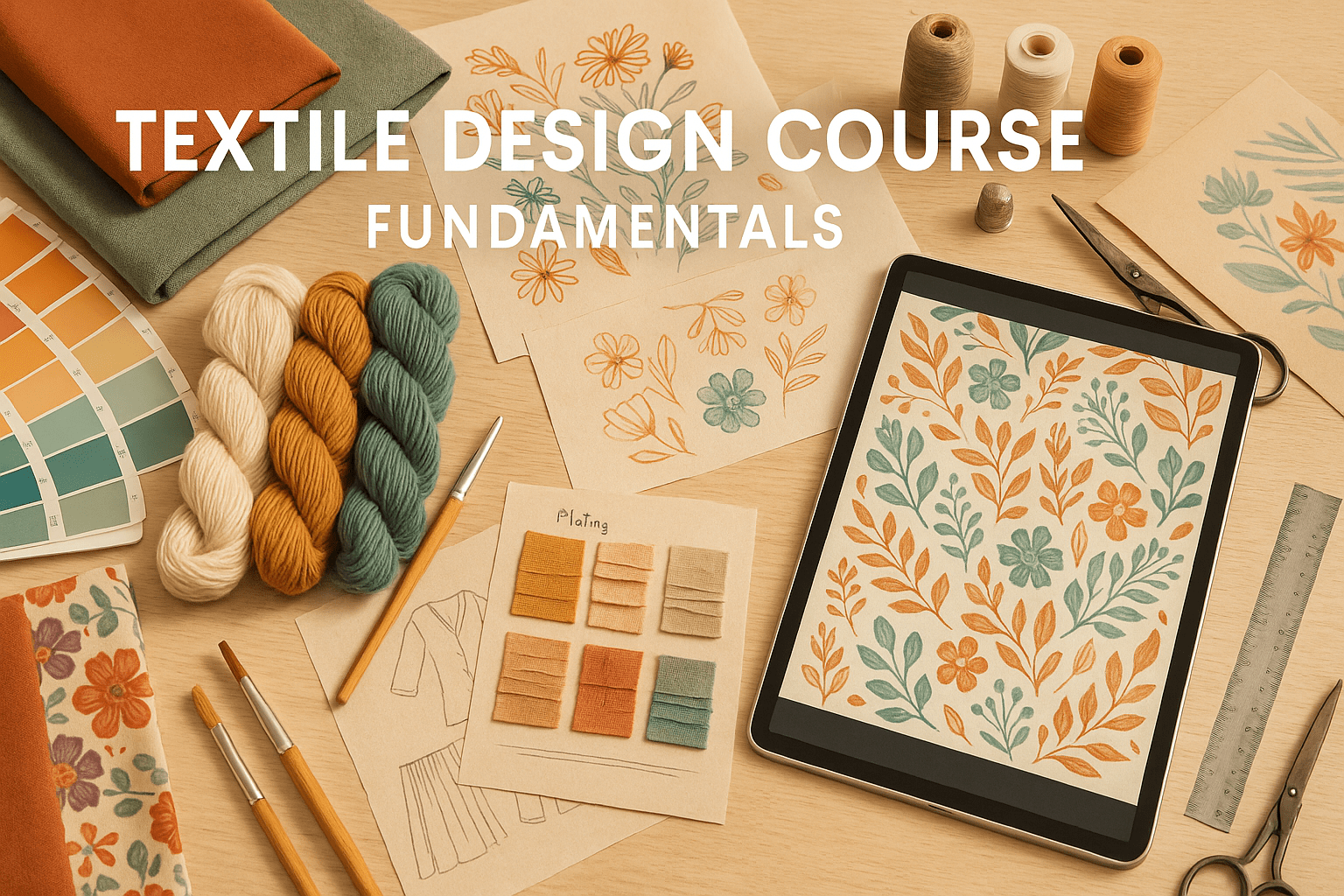 Textile Design Course banner showing fabrics, colour swatches, design sketches, threads and digital design tools.