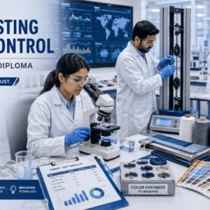 Textile laboratory technician performing Textile Testing Quality Control procedures on fabric samples and materials