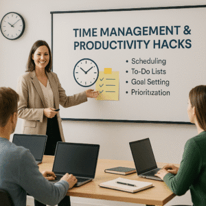 Instructor teaching students time management and productivity hacks in modern classroom setting