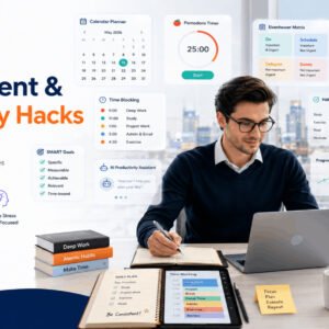 Professional Time Management Productivity course featuring planning tools, calendars, productivity apps, and focused work habits.