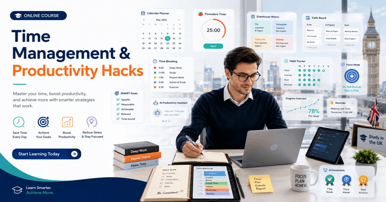 Professional Time Management Productivity course featuring planning tools, calendars, productivity apps, and focused work habits.
