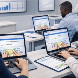 touch typing course students practising keyboard skills on laptops with finger placement and typing drills on screen
