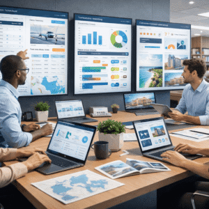 Tourism management course showing professionals managing travel services, tour operations, transport, and customer experiences