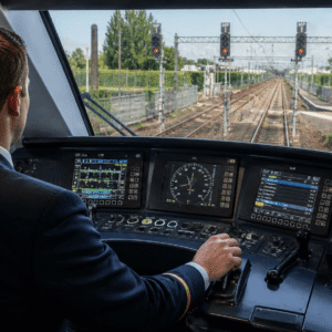 Professional train driver training showing operator inside a modern locomotive cab managing controls and railway signals