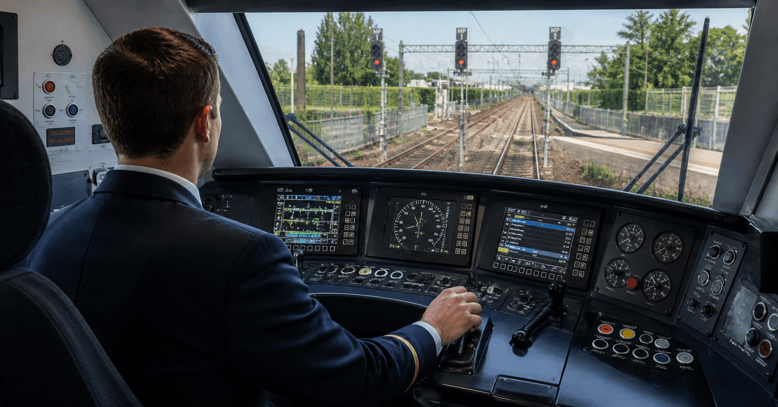 Professional train driver training showing operator inside a modern locomotive cab managing controls and railway signals