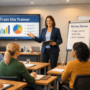 Train the trainer course showing a professional trainer delivering a workshop to engaged adult learners in a modern classroom
