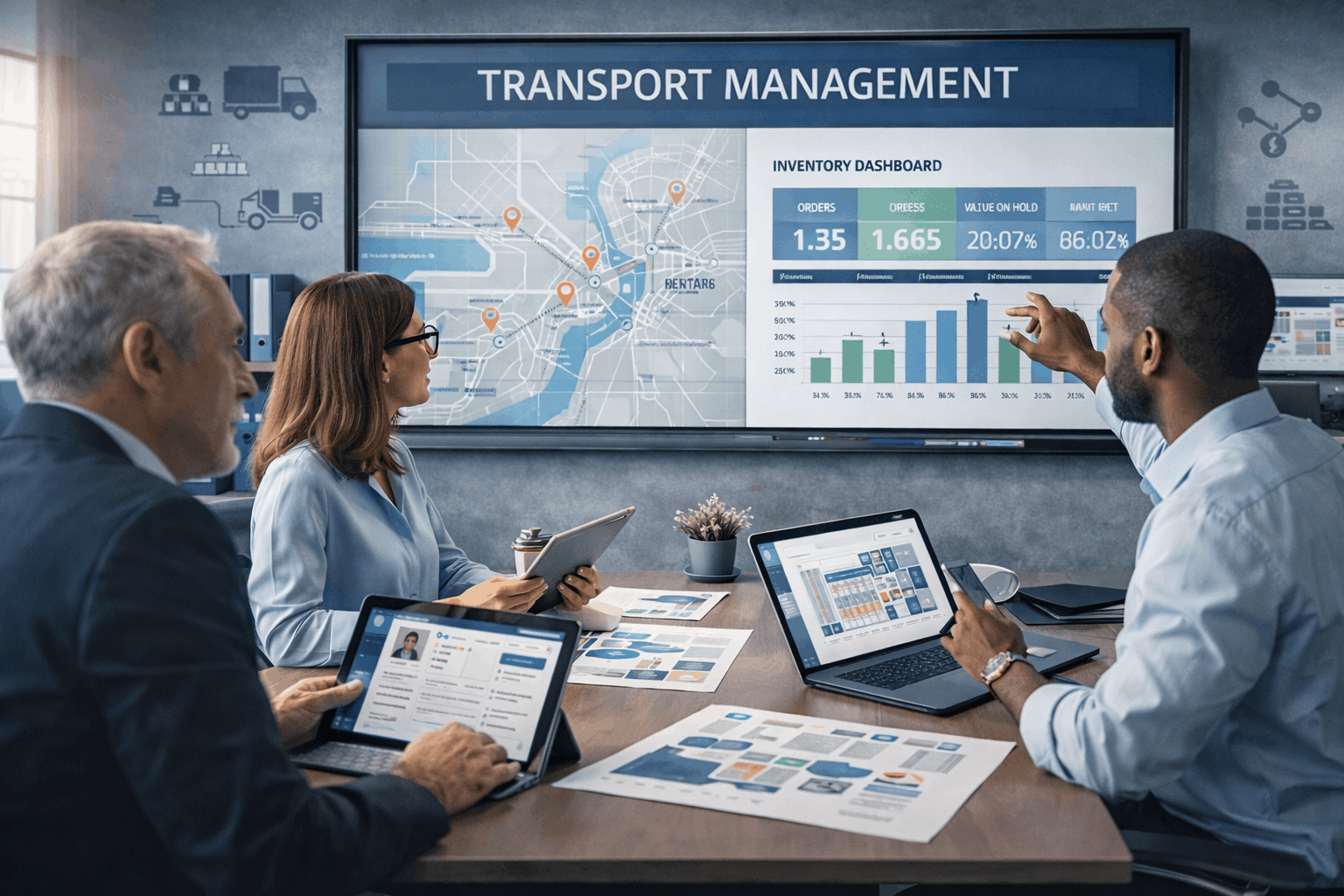 Transport Management Course image showing logistics planning, delivery operations, warehousing, and distribution management processes