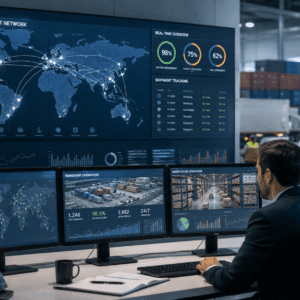 Professional transport management course scene with logistics dashboard, vehicles, and modern supply chain operations