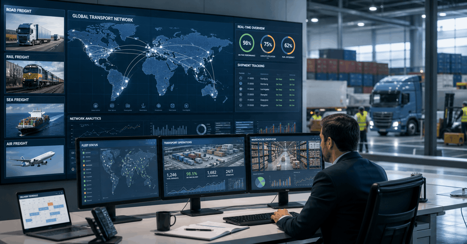 Professional transport management course scene with logistics dashboard, vehicles, and modern supply chain operations