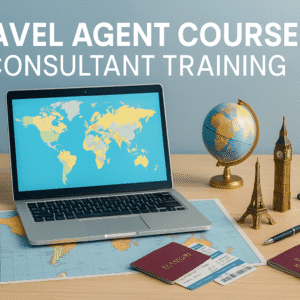 Travel Agent Course banner showing travel desk setup with maps, laptop, passport, tickets and world landmarks.