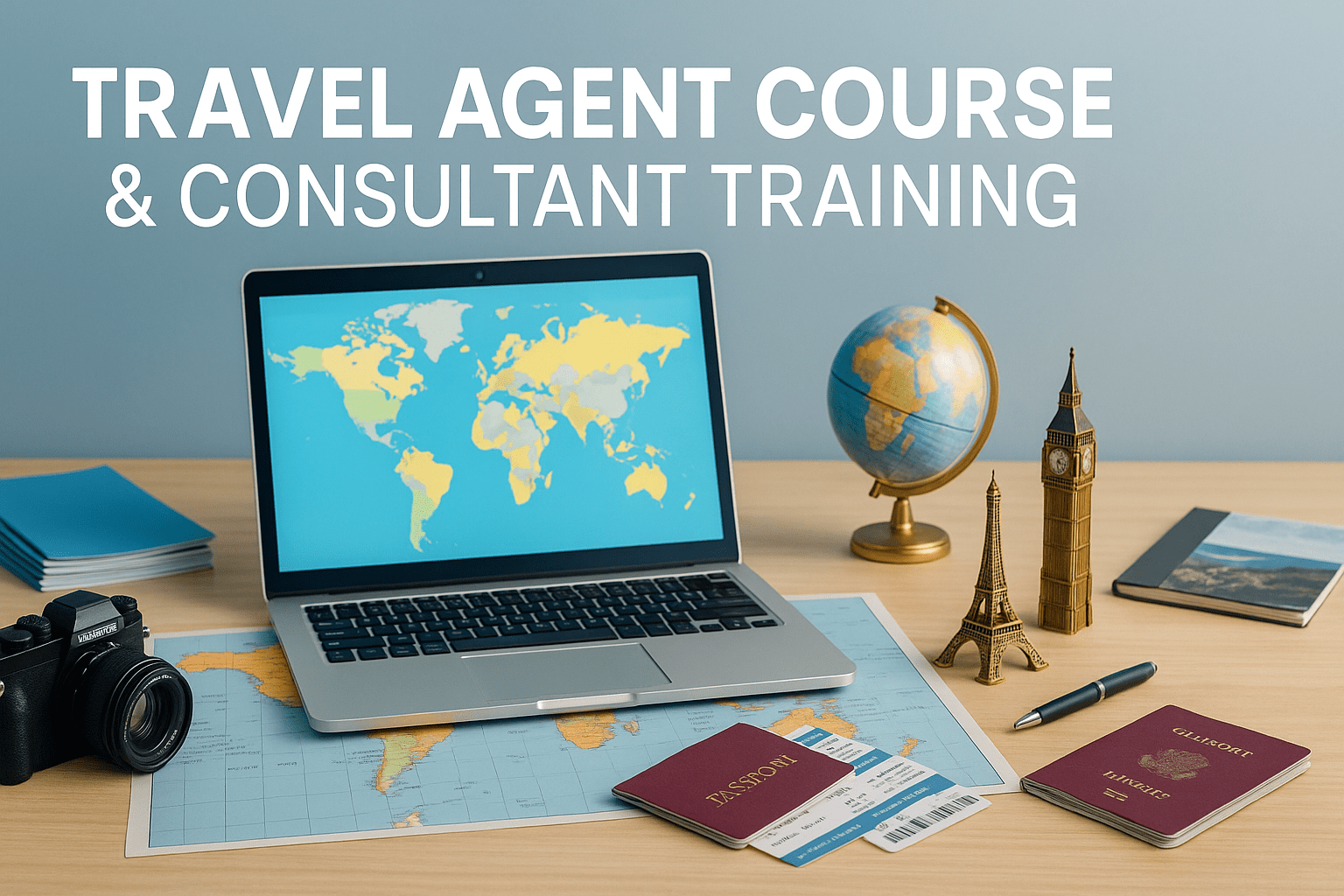 Travel Agent Course banner showing travel desk setup with maps, laptop, passport, tickets and world landmarks.