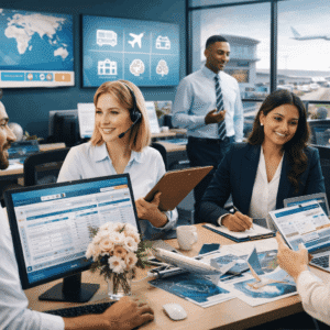 Travel and Tourism Course showing professionals working in tourism management, customer service, transport, and travel operations.