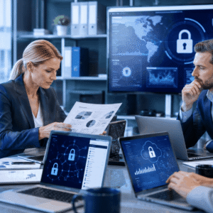 Professional compliance officer reviewing digital security systems in a UK Data Protection training environment