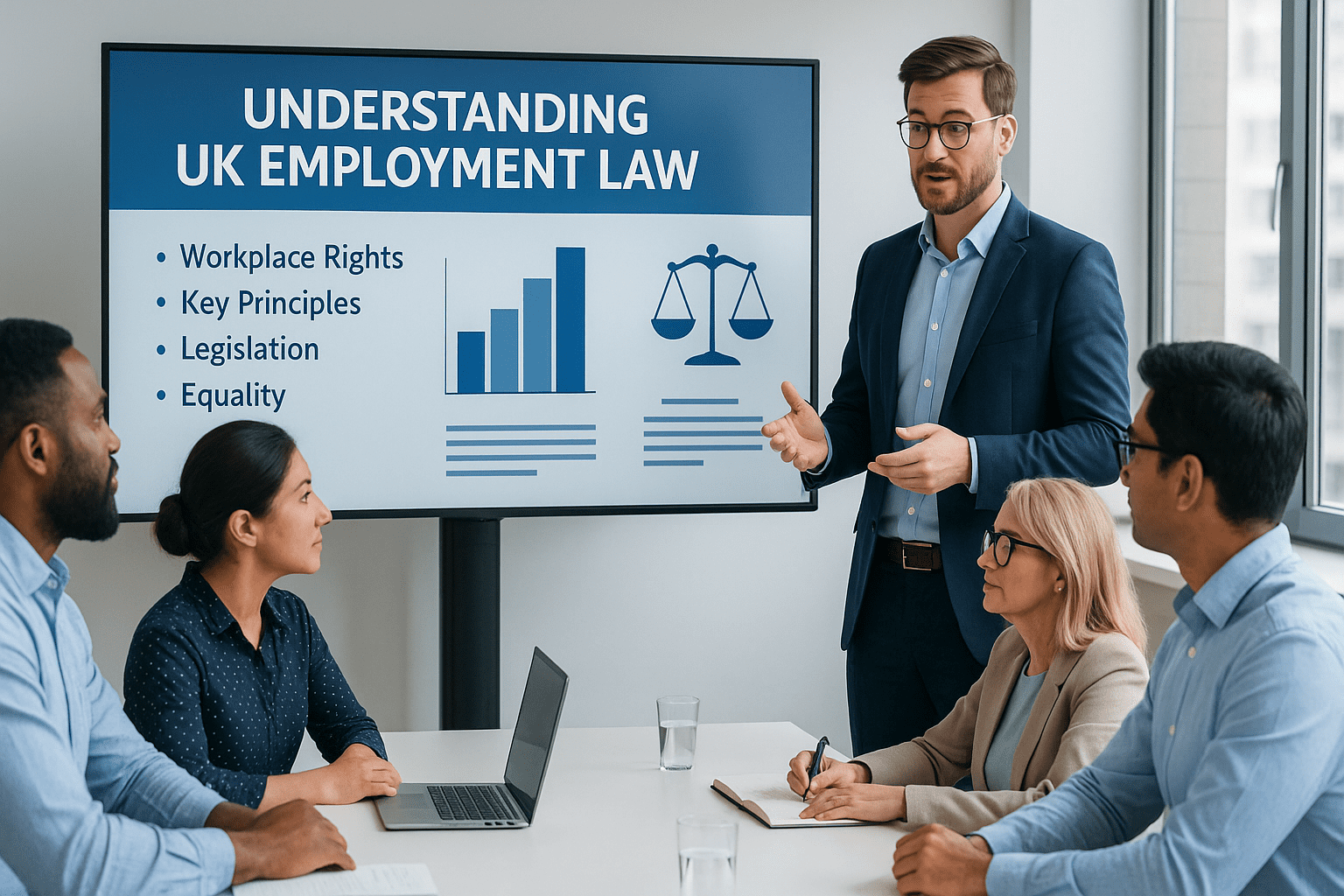 Professionals learning about UK employment law rights and workplace regulations in a modern office setting.