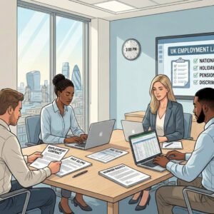 UK employment laws showing a professional workplace meeting discussing employee rights, contracts and legal compliance