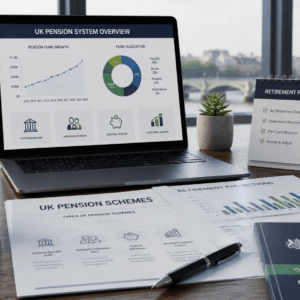 Professional UK pension system training showing financial planning, retirement charts, and regulatory concepts