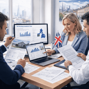 UK Property Investment course showing investors analysing property data and housing market trends in a professional setting