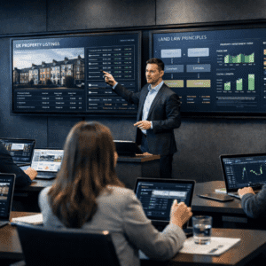 Professional UK property investment classroom showing property types, land law concepts, and investment strategies for UK Real Estate Investment.