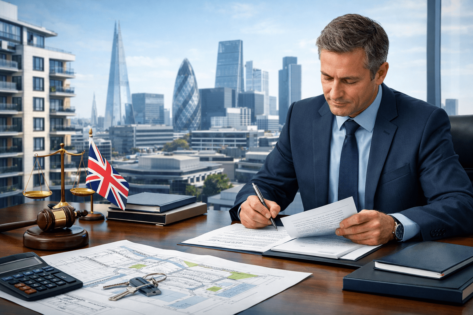 UK real estate law course showing British property buildings, legal documents and a professional property consultant