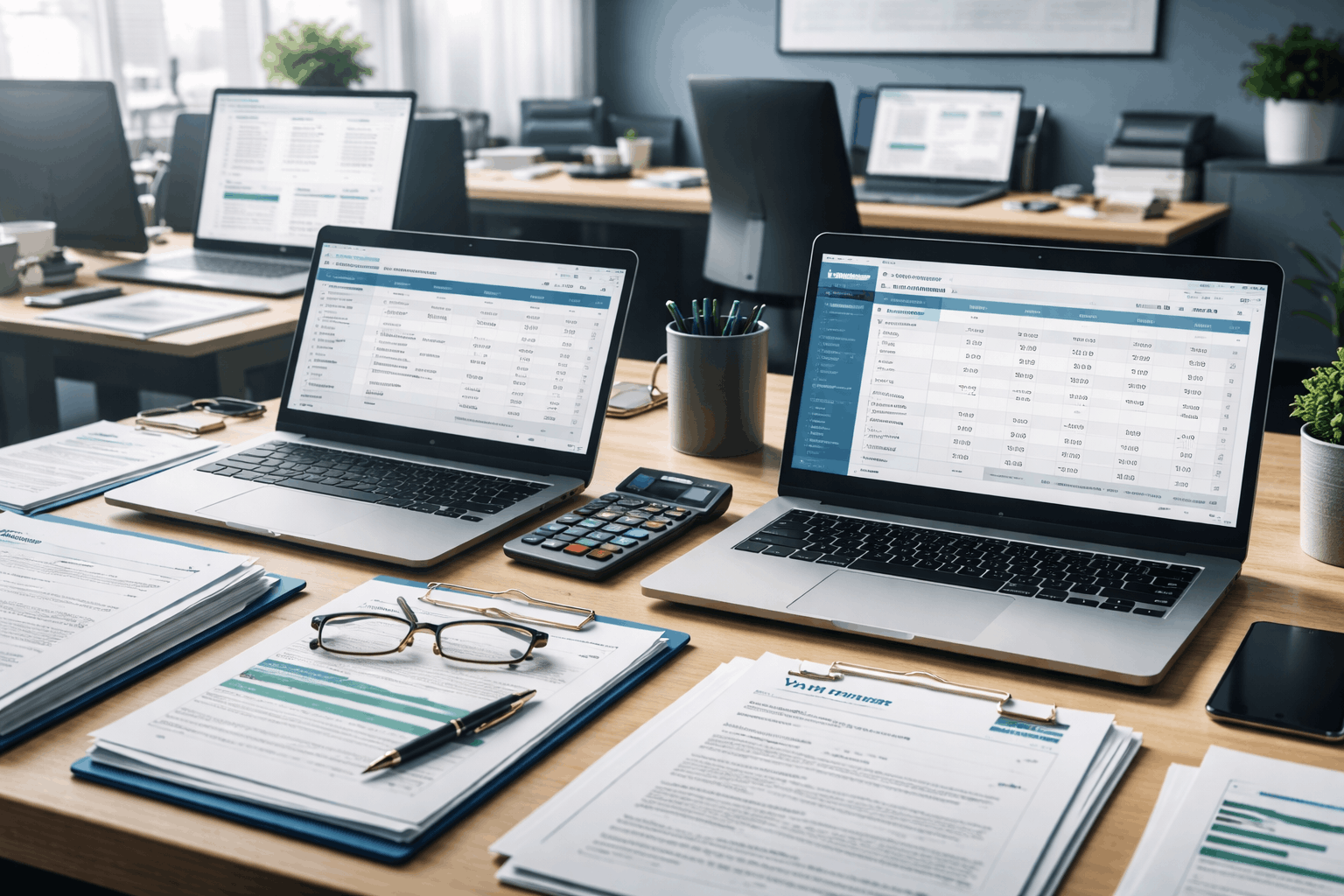 UK Tax Accounting course showing tax reports, payroll calculations, and HMRC compliance in a professional office setting