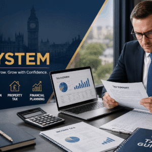 Professional illustration explaining the UK Tax System with tax documents, calculator and financial charts