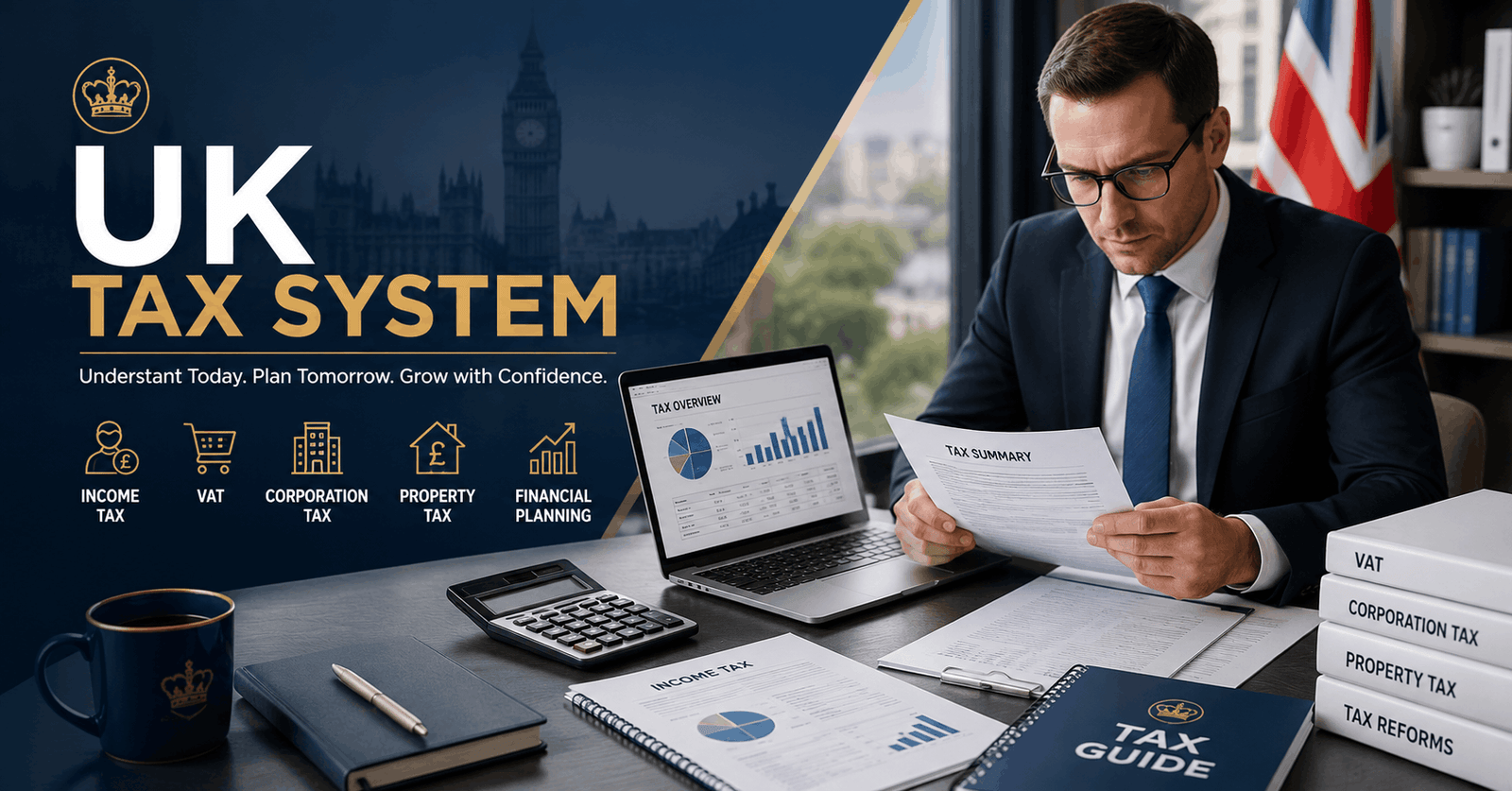 Professional illustration explaining the UK Tax System with tax documents, calculator and financial charts