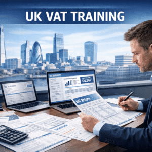 UK VAT Training course showing accountant reviewing VAT returns, tax forms and digital records in a professional office