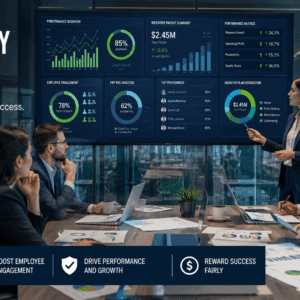 Business professionals reviewing Variable Pay Programs, incentive plans, performance metrics, and compensation strategies