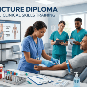 Healthcare trainee performing blood collection during a Venepuncture Diploma practical session