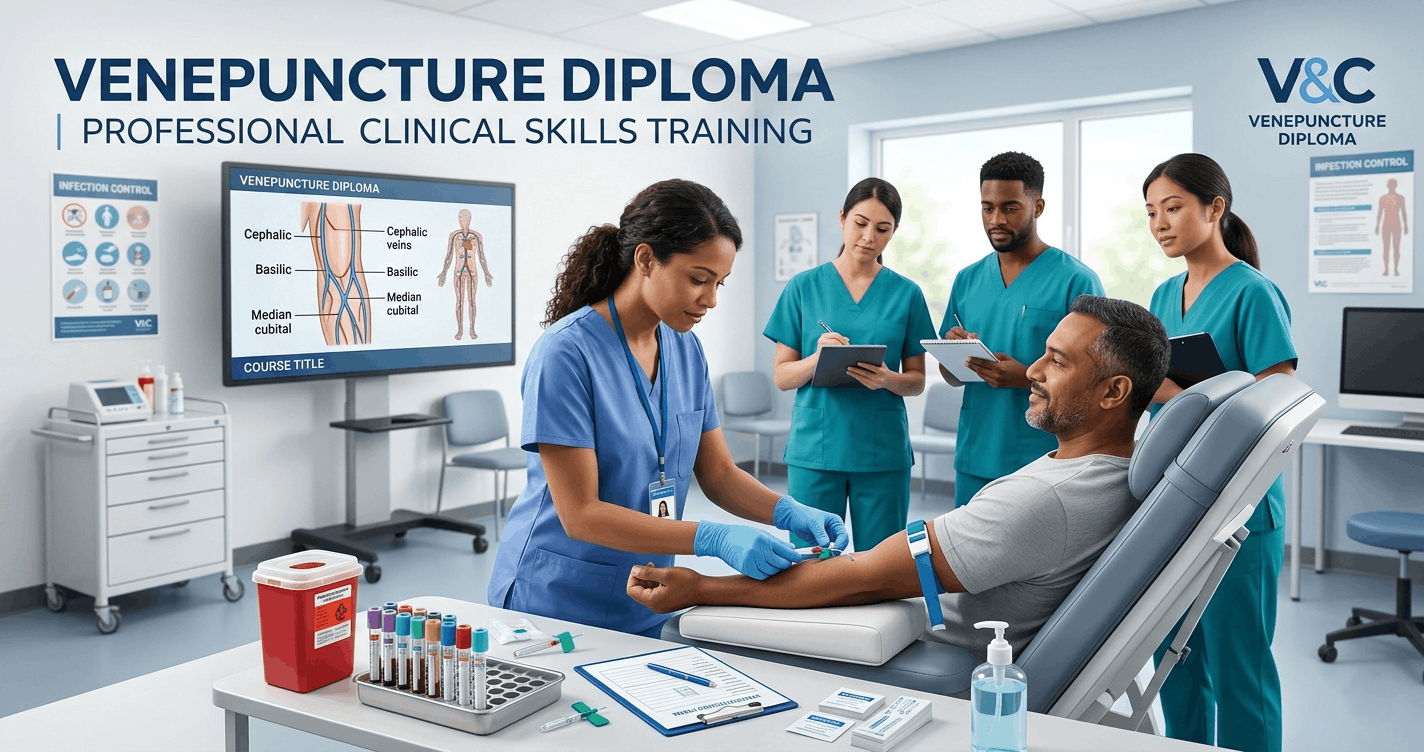 Healthcare trainee performing blood collection during a Venepuncture Diploma practical session