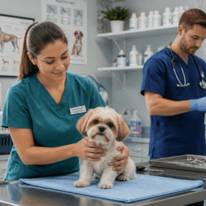 Veterinary assistant course showing a professional caring for a dog in a modern veterinary clinic environment