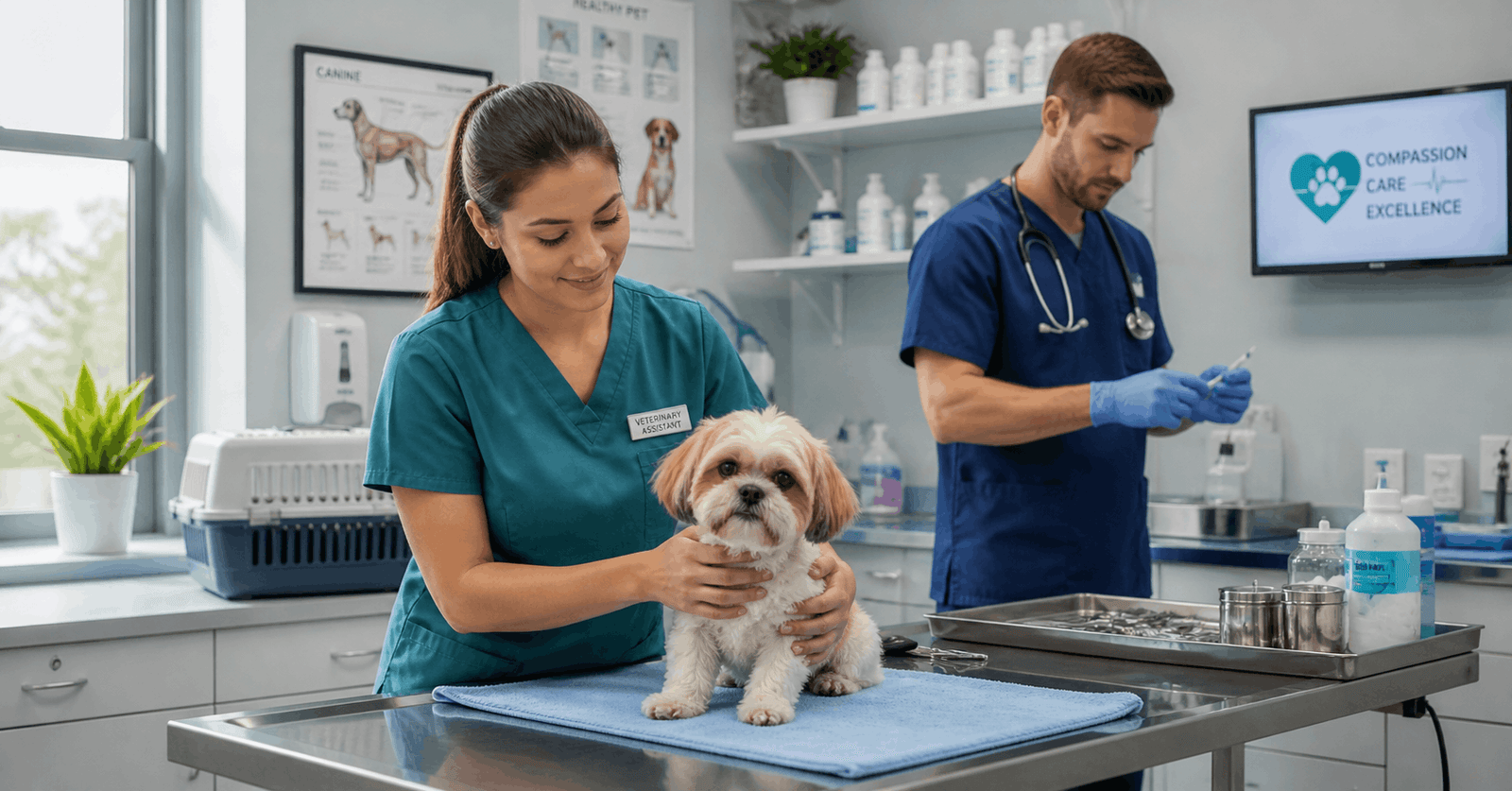 Veterinary assistant course showing a professional caring for a dog in a modern veterinary clinic environment