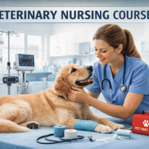 Veterinary Nursing Course showing a nurse caring for a dog in a modern veterinary clinic with medical equipment