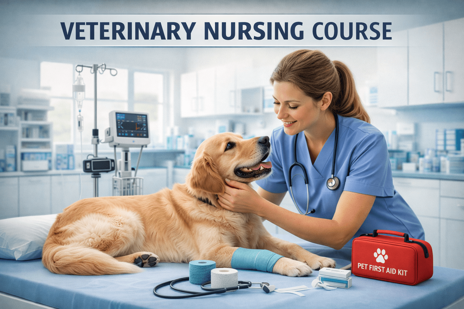 Veterinary Nursing Course showing a nurse caring for a dog in a modern veterinary clinic with medical equipment