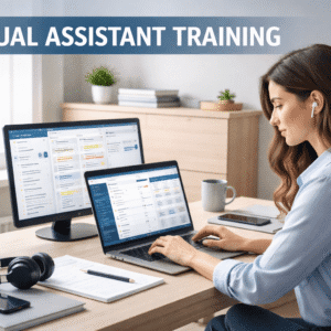 Virtual Assistant Training showing a remote assistant working on a laptop with client files, admin tools and online communication apps
